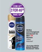 Nivea Anti Perspirant Deodorant For Men Or Women Assorted-For 2 x 150ml 