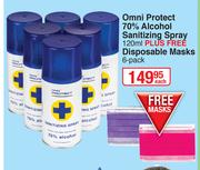 Omni Protect 70% Alcohol Sanitizing Sparay 120ml Plus Free Disposable Masks 6 Pack-Each