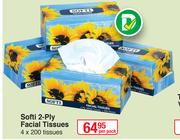 Softi 2 Ply Facial Tissues-4 x 200 Tissues Per Pack