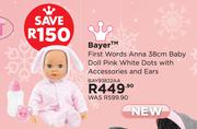 Bayer Firs Words Anna 38cm Baby Doll Pink White Dots With Accessories & Ears BAY93822AA