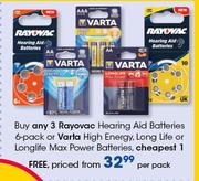 Rayovac Hearing Aid Batteries 6-Pack Or Varta High Energy, Long LifeOrLonglifePowerBatteries-PerPack