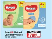 Huggies Pure Or Natural Care Baby Wipes-4 x 56 Wipes Per Pack