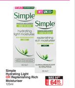 Simple Hydrating Light Or Replenishing Rich Moisturiser-125ml Each