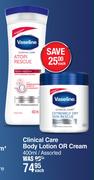 Vaseline Clinical Care Body Lotion Or Cream Assorted-400ml Each