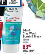 Garnier 3 In 1Clay Wash, Scrub & Mask-150ml  