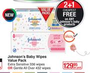 Johnson's Baby Wipes Value Pack Extra Sensitive 336 Wipes Or Gentle All Over 432 Wipes-Per Pack