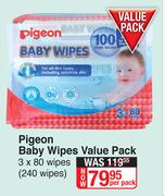 Pigeon Baby Wipes Value Pack 3 x 80 Wipes(240 Wipes)-Per Pack