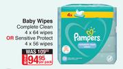 Pampers Baby Wipes Complete Clean 4 x 64 Wipes Or Sensitive Protect 4 x 56 Wipes-Per Pack