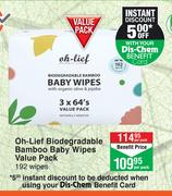 Oh Lief Biodegradable Bamboo Baby Wipes Value Pack (192 Wipes)-Per Pack
