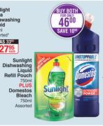 Sunlight Dishwashing Liquid Refill Pouch 750ml Plus Domestos Bleach Assorted 750ml-For Both