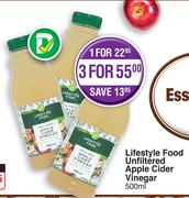 Lifestyle Food Unfiltered Apple Cider Vinegar-For 3 x 500ml