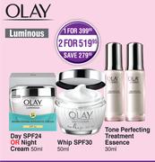 Olay Day SPF24 Or Night Cream 50ml, Whip SPF30 50ml Or Tone Perfecting Treatment Essence 30ml-For 1