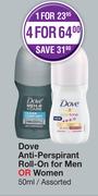 Dove Anti Perspirant Roll On For Men Or Women Assorted-For 1 x 50ml