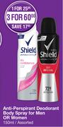 Shield Anti Perspirant Deodorant Body Spray For Men Or Women Assorted-For 1 x 150ml 