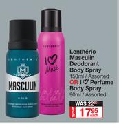 Lentheric Masculin Deodorant Body Spray Assorted 250ml Or I Love Perfume Body Spray Assorted 90ml-Ea