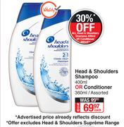 Head & Shoulders Shampoo 400ml Or Conditioner 360ml Assorted-Each
