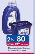 Omo Auto Liquid Detergent 1.5 Liter Or 17 Capsules-For 2 Per Offer