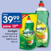Sunlight Dishwashing Liquid-750ml + Refill Pouch-750ml Per Offer