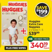 Huggies Extra Care Nappies (Size 1-5) Plus Free Wipes-For 2