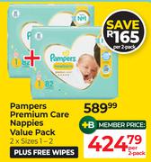 Pampers Premium Care Nappies Value Pack (2 x Sizes 1-2) Plus Free Wipes