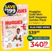 Huggies Gold Skin Soft Nappies Jumbo Pack (Size 1-5) Plus Free Wipes-For 2