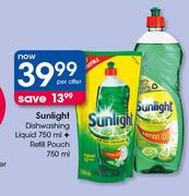 Sunlight Dishwashing Liquid-750ml+ Refill Pouch-750ml Per Offer