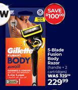 Gillette 5-Blade Fusion Body Razor (Handle + 2 Cartridges)
