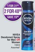Nivea Deodorant Spray For Men Or Women Assorted-For 2 x 150ml