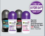 Garnier Mineral Anti Perspirant Roll On For Men Or Women Assorted-50ml
