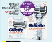 Gillette Skin Guard Sensitive 2 Blade Cartridges 8 Pack Plus Sensitive 1UP Razor-For Both