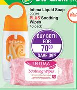 Intima Liquid Soap 220ml Plus Soothing Wipes 40 Pack-For Both