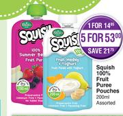 Squish 100% Fruit Puree Pouches Assorted-For 5 x 200ml 