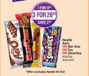 Nestle Aero Or Bar One Or Tex Or Smarties Assorted-For 3 x 40g/ 55g