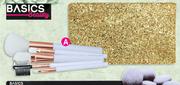 Basics Beauty Gold Glitter Cosmetic Bag & Cosmetic Face Brush Set (6 Piece)