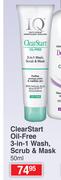 IQ Clear Start Oil Free 3 In 1 Wash, Scrub & Mask-50ml