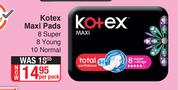 Kotex Maxi Pads 8 Super, 8 Young Or 10 Normal-Per Pack