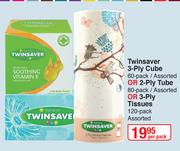 Twinsaver 3 Ply Cube 60 Pack Or 2 Ply Tube 80 Pack Or 3 Ply Tissues 120 Pack-Per Pack
