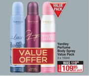 Yardley Perfume Body Spray Value Pack-3 x 150ml Per Pack