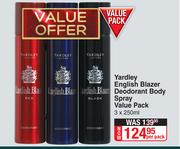 Yardley English Blazer Deodorant Body Spray Value Pack-3 x 250ml Per Pack