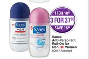 Sanex Anti Perspirant Roll On For Men Or Women (Assorted)-For 3 x 50ml