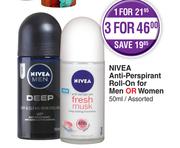 Nivea Anti Perspirant Roll On For Men Or Women (Assorted)-50ml