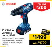 Bosch 18V Li-Ion Cordless Impact Drill GSB 180-Ll(1x2)