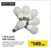 Lightworx 7W 6-Pack A60 Globes-Per Pack