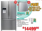 Hisense 720ltr Gross Stainless Steel French Door Fridge H720FS-WD + 60ltr Stainless Steel Bar Fridge