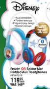 Disney Frozen Or Spider Man Padded Aux Headphones-Each