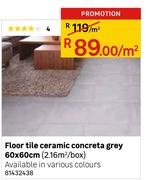 Floor Tile Ceramic Concreta Grey-60 x 60cm(2.16Sqm/Box)-Per Sqm