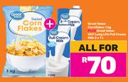 Great Value Cornflakes 1Kg Plus Great Value UHT Long Life Full Cream Milk 2 x 1Ltr-For All