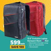 15.6" Evolution Laptop Backpack Black Or Red-Each