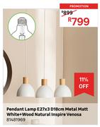 Inspire Venosa E27 x 3 D18cm Metal Matt White + Wood Natural Pendant Lamp 81481969