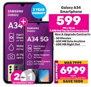 2 x Samsung Galaxy A34 Smartphone-On 1.2GB Red Top Up Core More Data